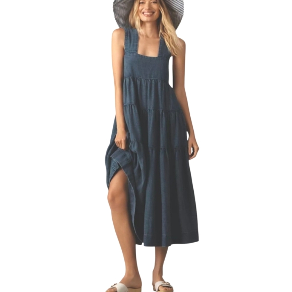 Anthropologie Indigo Tiered Square-Neck Midi Dress